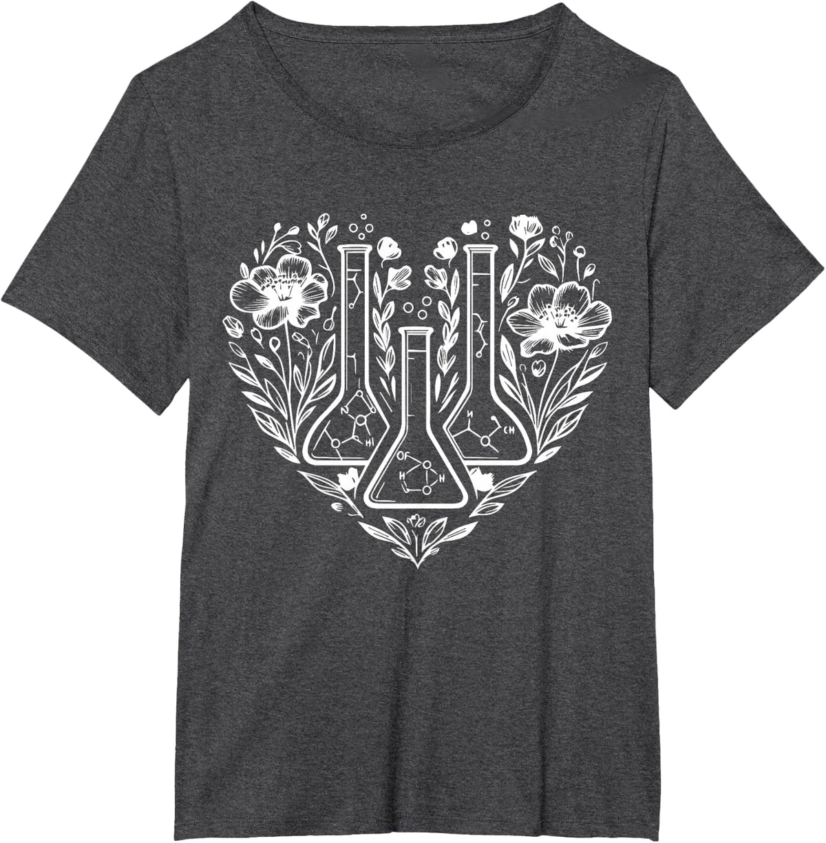 Retro Laboratory Floral Beakers Heart Chemistry Scientist T-Shirt - Dark Heather Grey