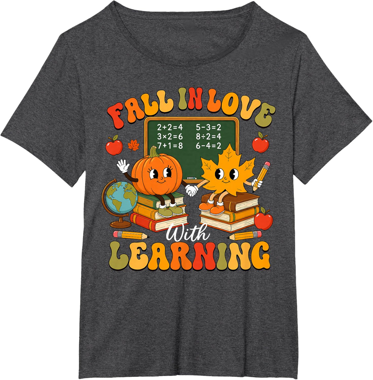 Retro Groovy Fall in Love with Learning Autumn Math Teacher T-Shirt - Dark Heather Grey