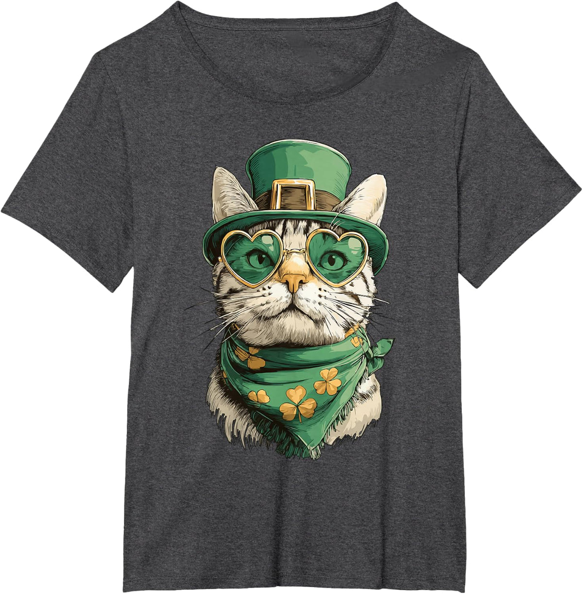 Tabby Cat with Hearts Sunglasses Shamrocks St Patricks Day T-Shirt - Dark Heather Grey