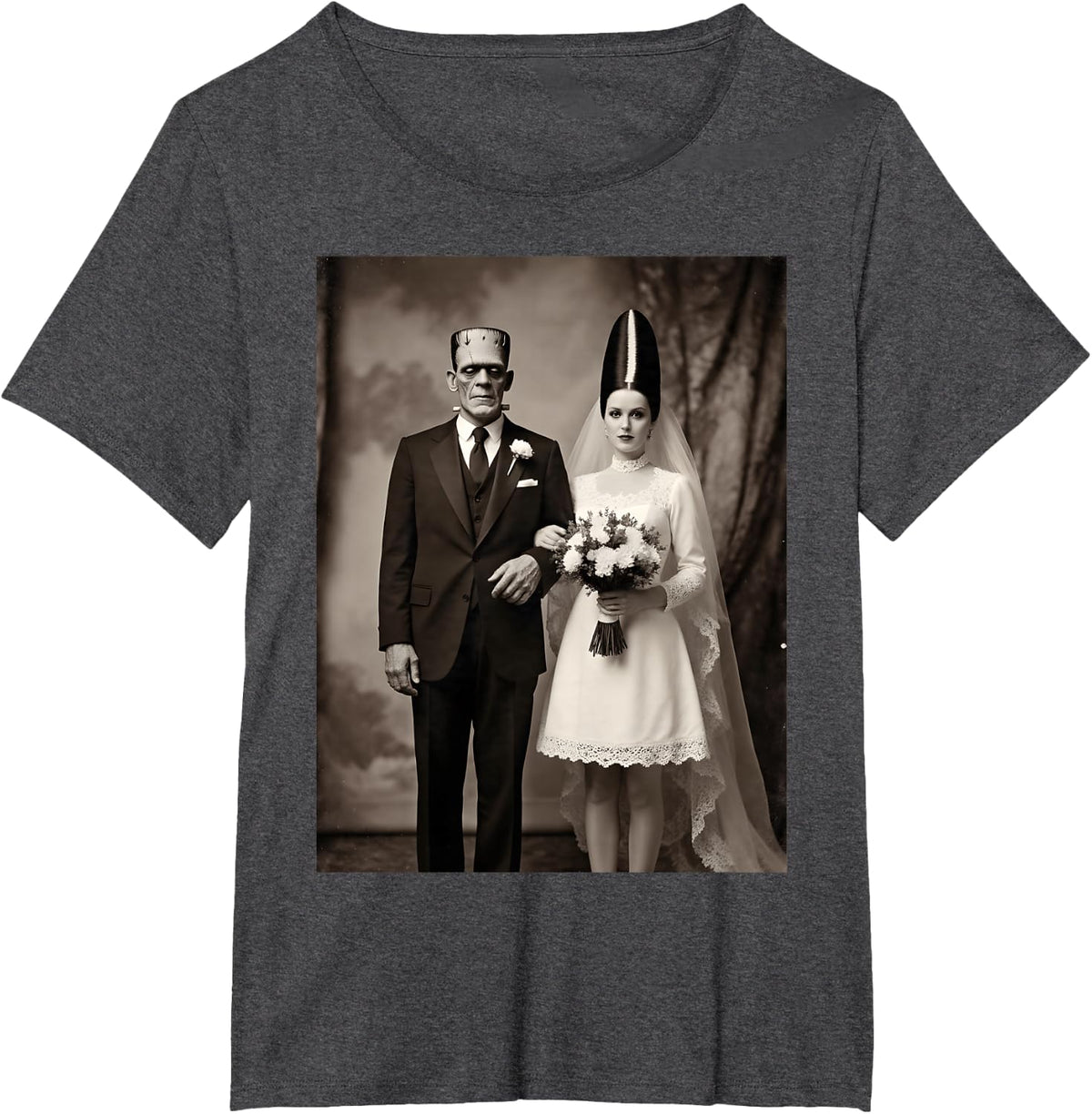 Vintage Gothic Romance Frankenstein Wedding Halloween Party T-Shirt - Dark Heather Grey