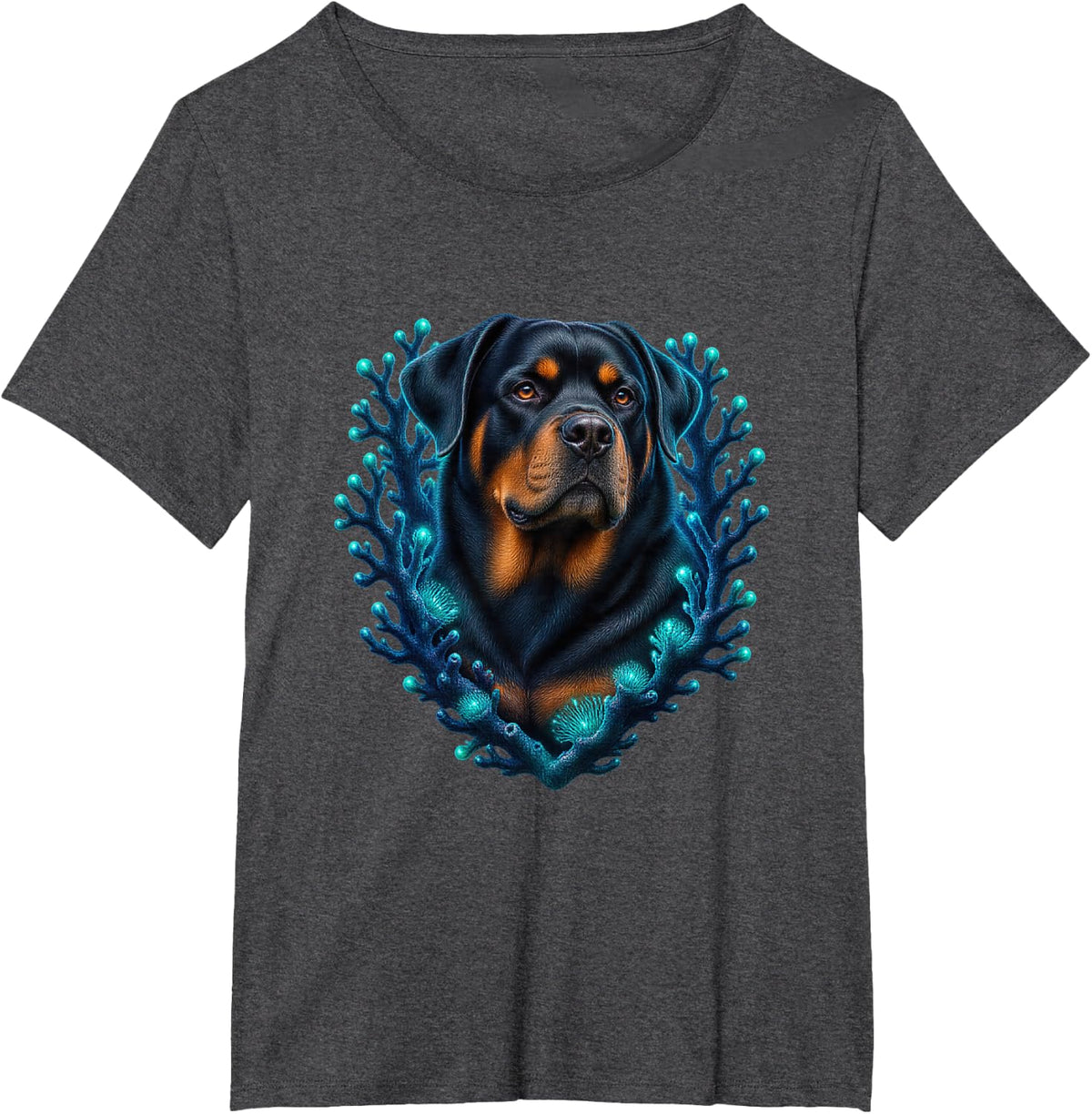 Rottweiler with Teal Coral Branches T-Shirt - Dark Heather Grey