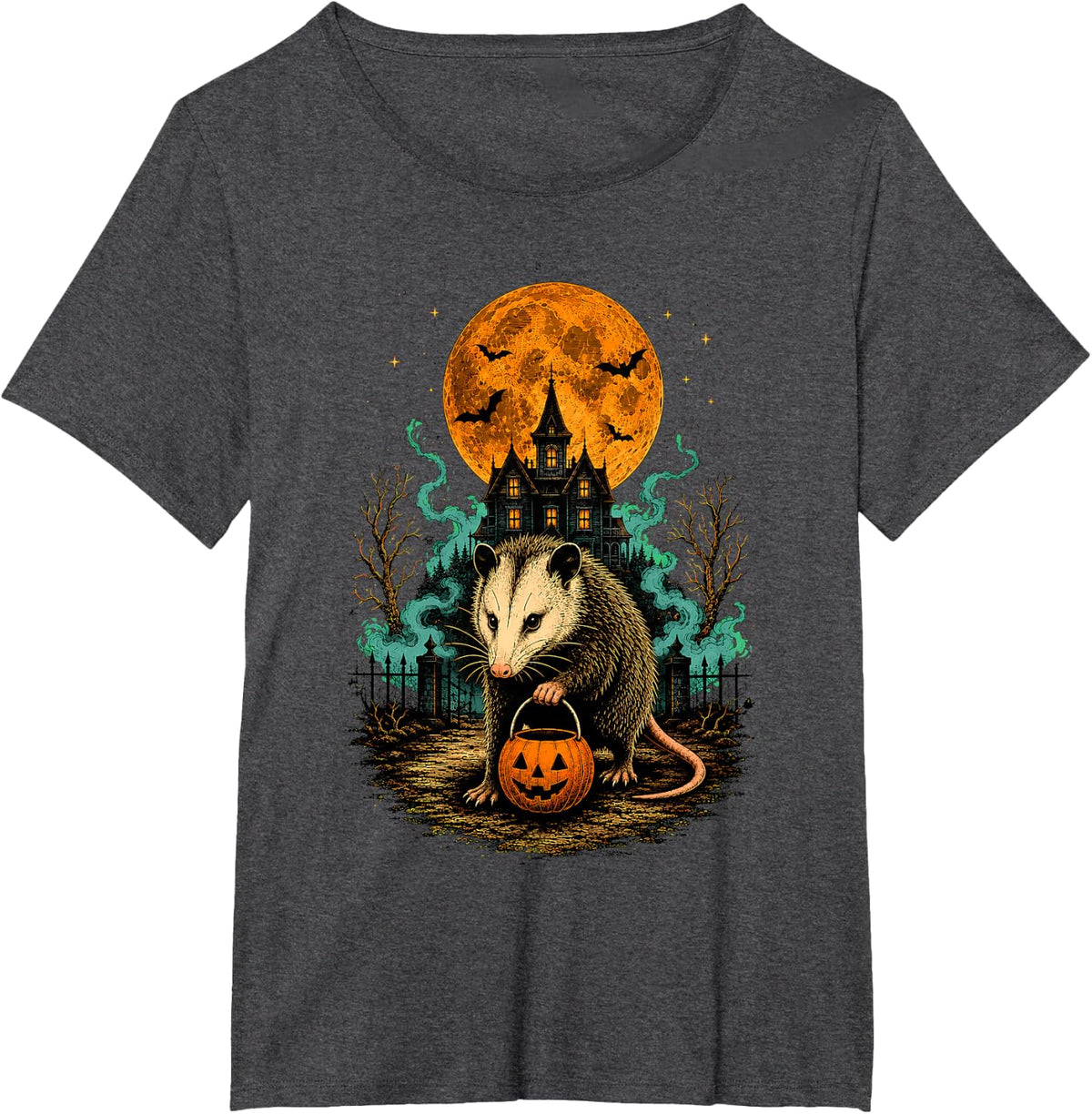 Vintage Opossum Halloween Pumpkin Spooky Animal Lover Funny T-Shirt - Dark Heather Grey