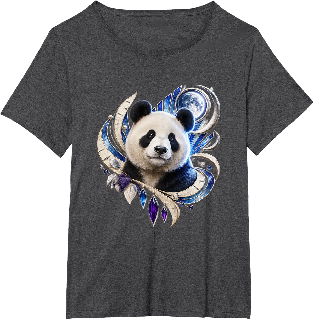 Giant Panda with Moon and Blue Deco Arches T-Shirt - Dark Heather Grey