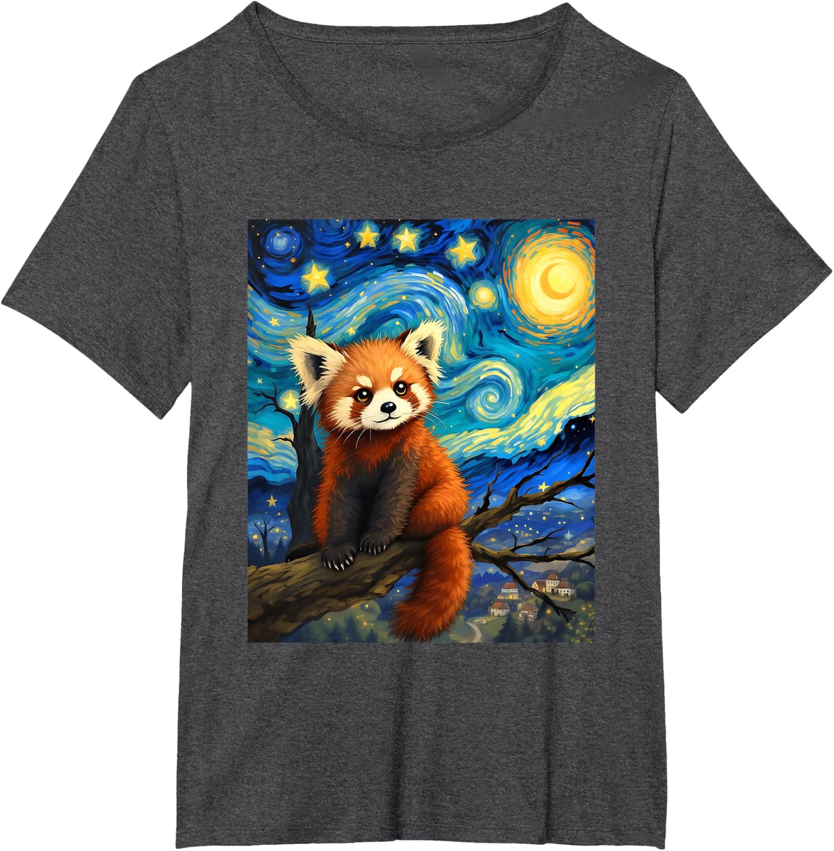 Cute Red Panda Starry Night Celestial Van Gogh Inspired T-Shirt - Dark Heather Grey