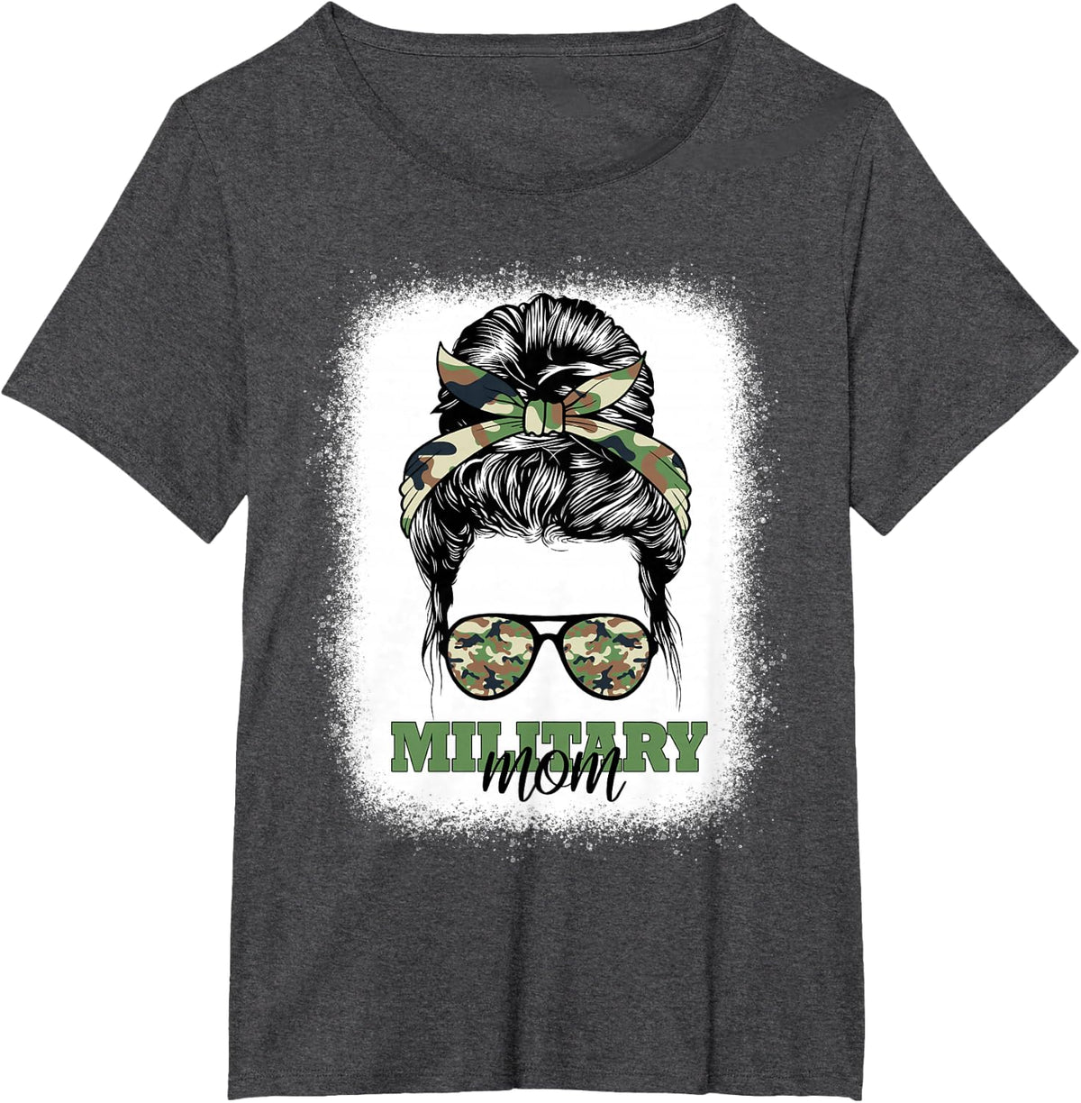 Military Mom Bleached Messy Bun Camo Patriotic Mother's Day T-Shirt - Dark Heather Grey