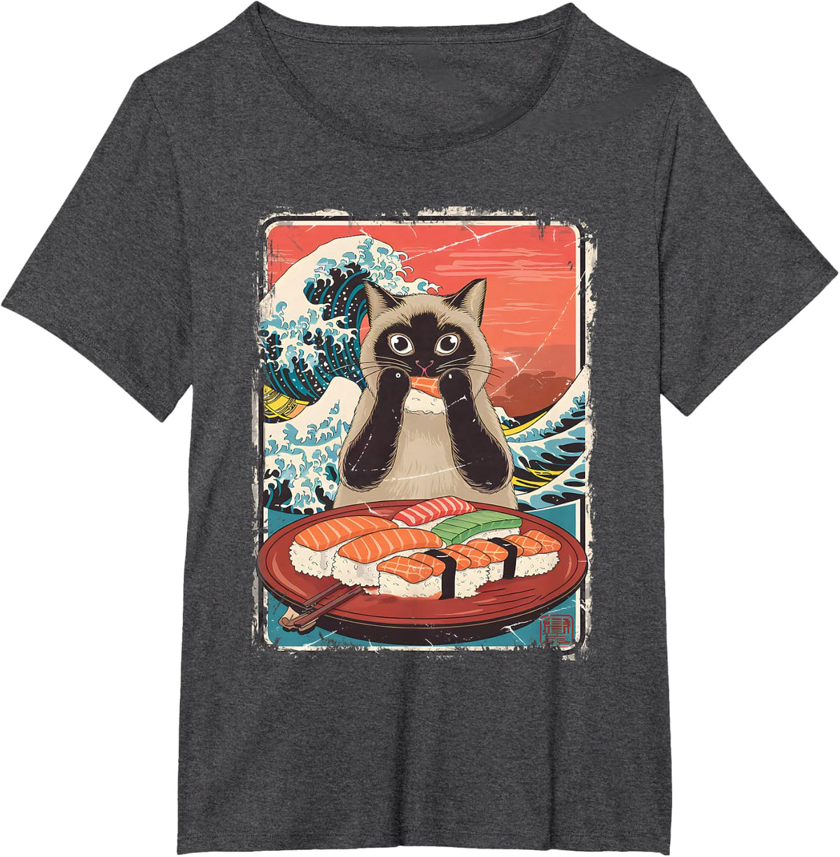 Kawaii Siamese Cat Eating Sushi Japanese Art Ocean Waves T-Shirt - Dark Heather Grey