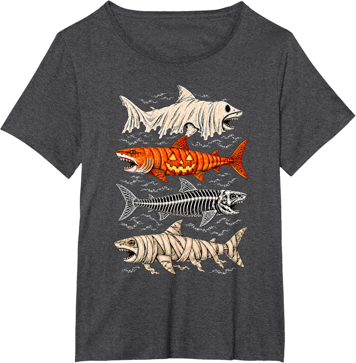 Halloween Fishing Shark Ghost Pumpkin Skeleton Mummy T-Shirt - Dark Heather Grey