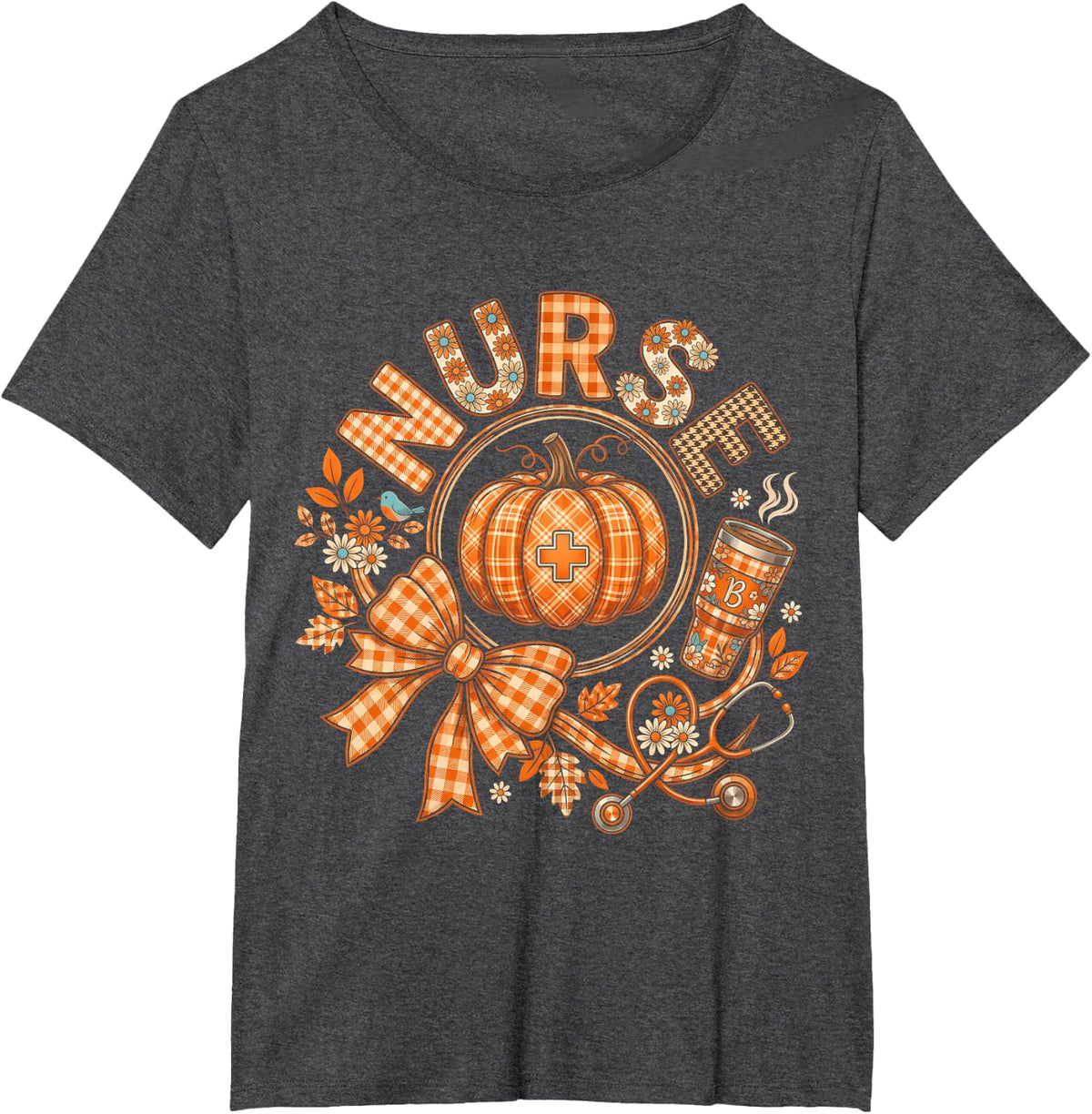 Nurse Letters Plaid Pumpkin Stethoscope Floral T-Shirt - Dark Heather Grey