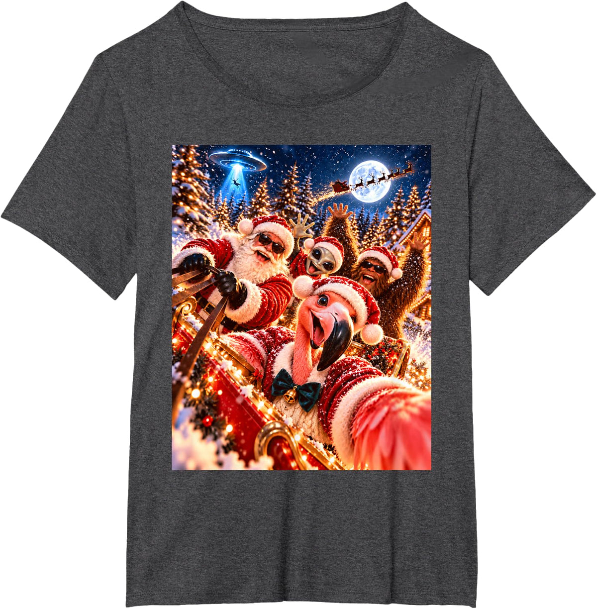 Excited Flamingo Santa Christmas Selfie UFO Graphic T-Shirt - Dark Heather Grey