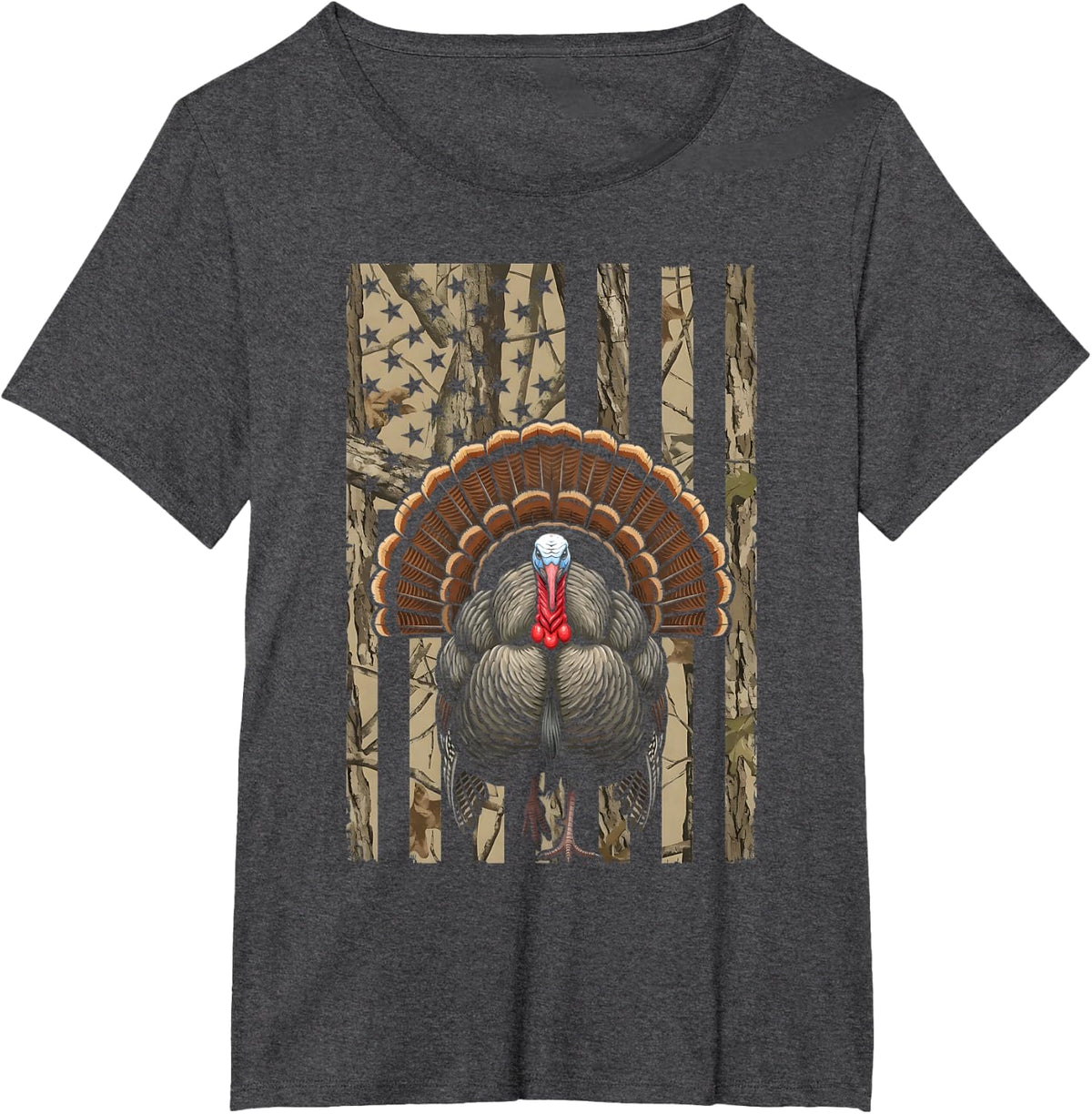Wild Turkey American Flag Camo Hunting T-Shirt - Dark Heather Grey