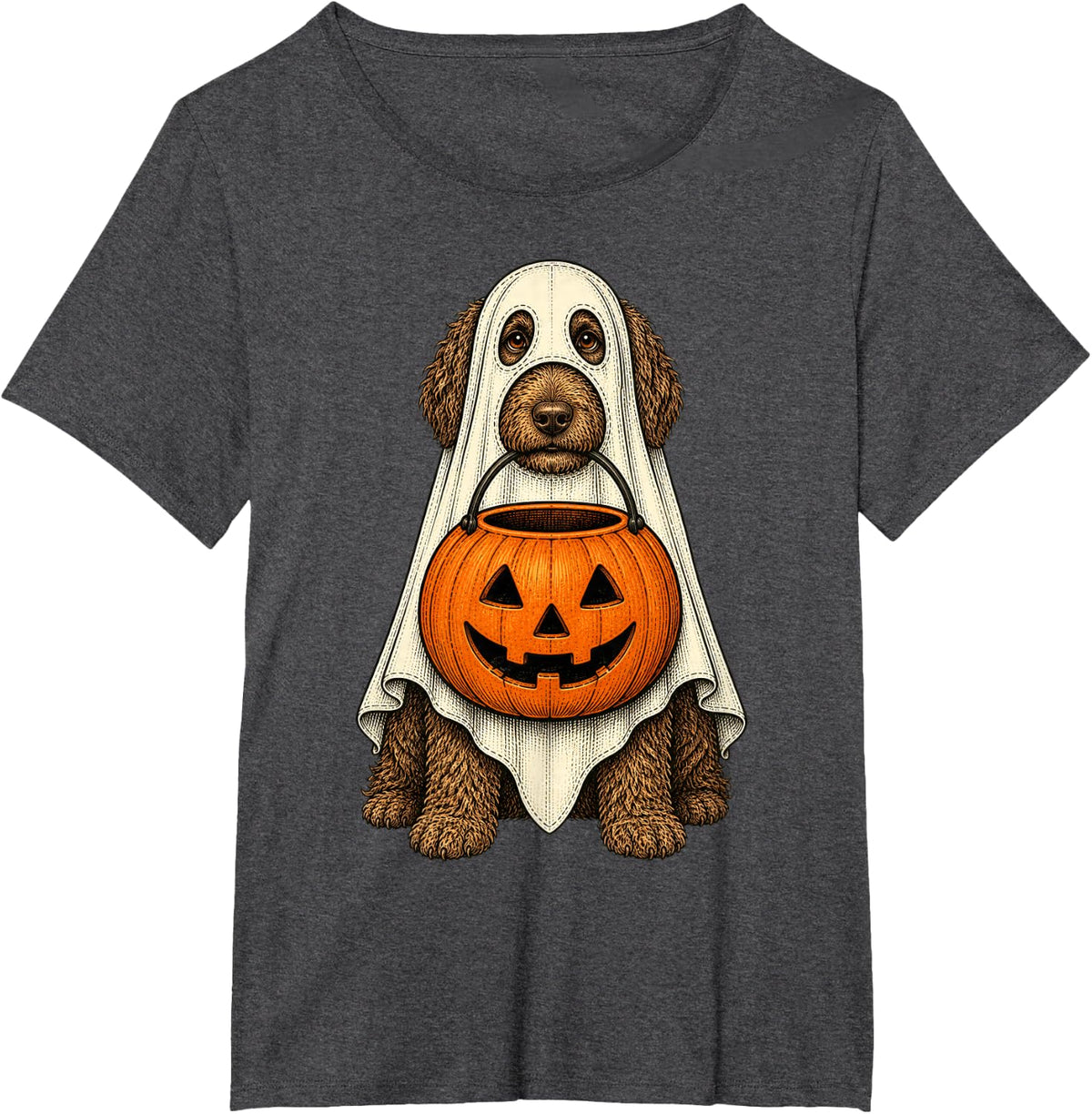 Spooky Chocolate Labradoodle Pumpkin Ghost Halloween Dog T-Shirt - Dark Heather Grey