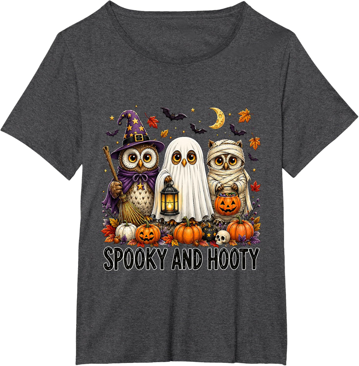 Cute Owl Halloween Witch Ghost Mummy Pumpkin Owl Lovers T-Shirt - Dark Heather Grey