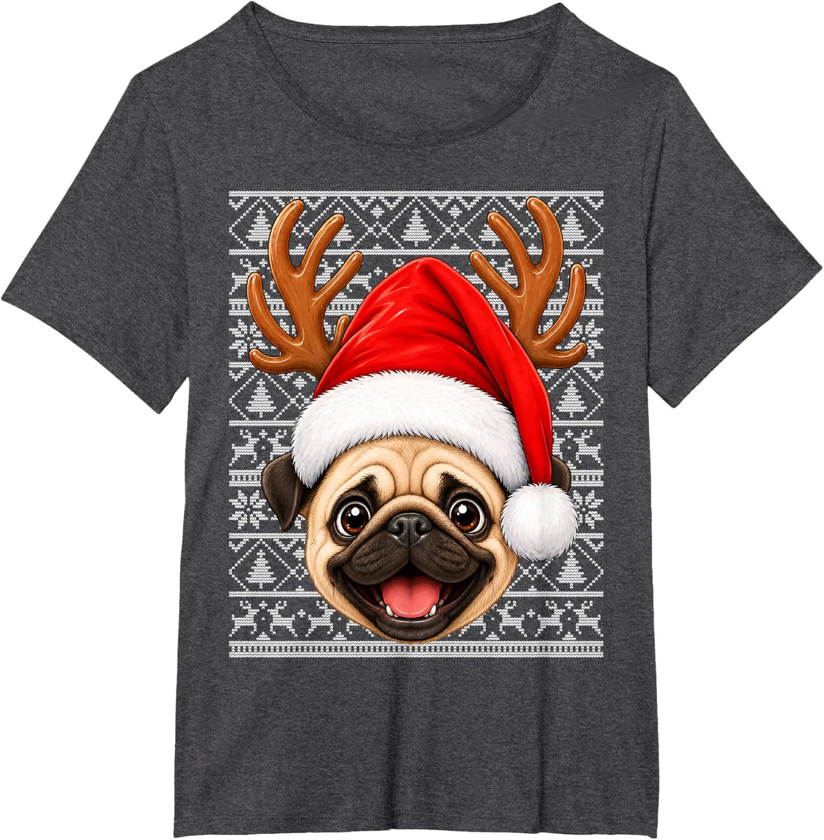 Pug Christmas Santa Hat Ugly Sweater Dog Xmas T-Shirt - Dark Heather Grey