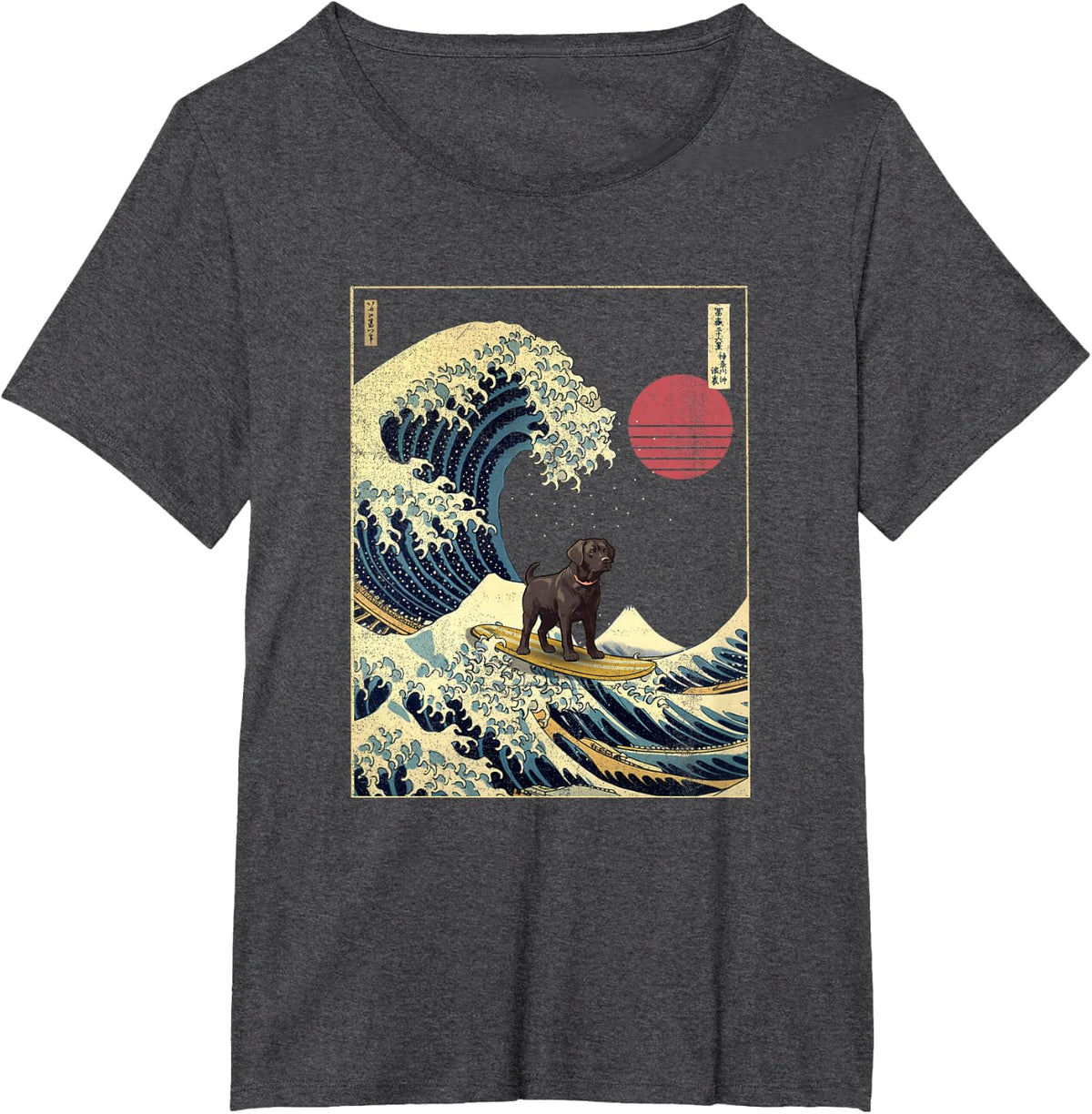 Black Labrador Japanese Kanagawa Wave Funny Surf Dog T-Shirt - Dark Heather Grey