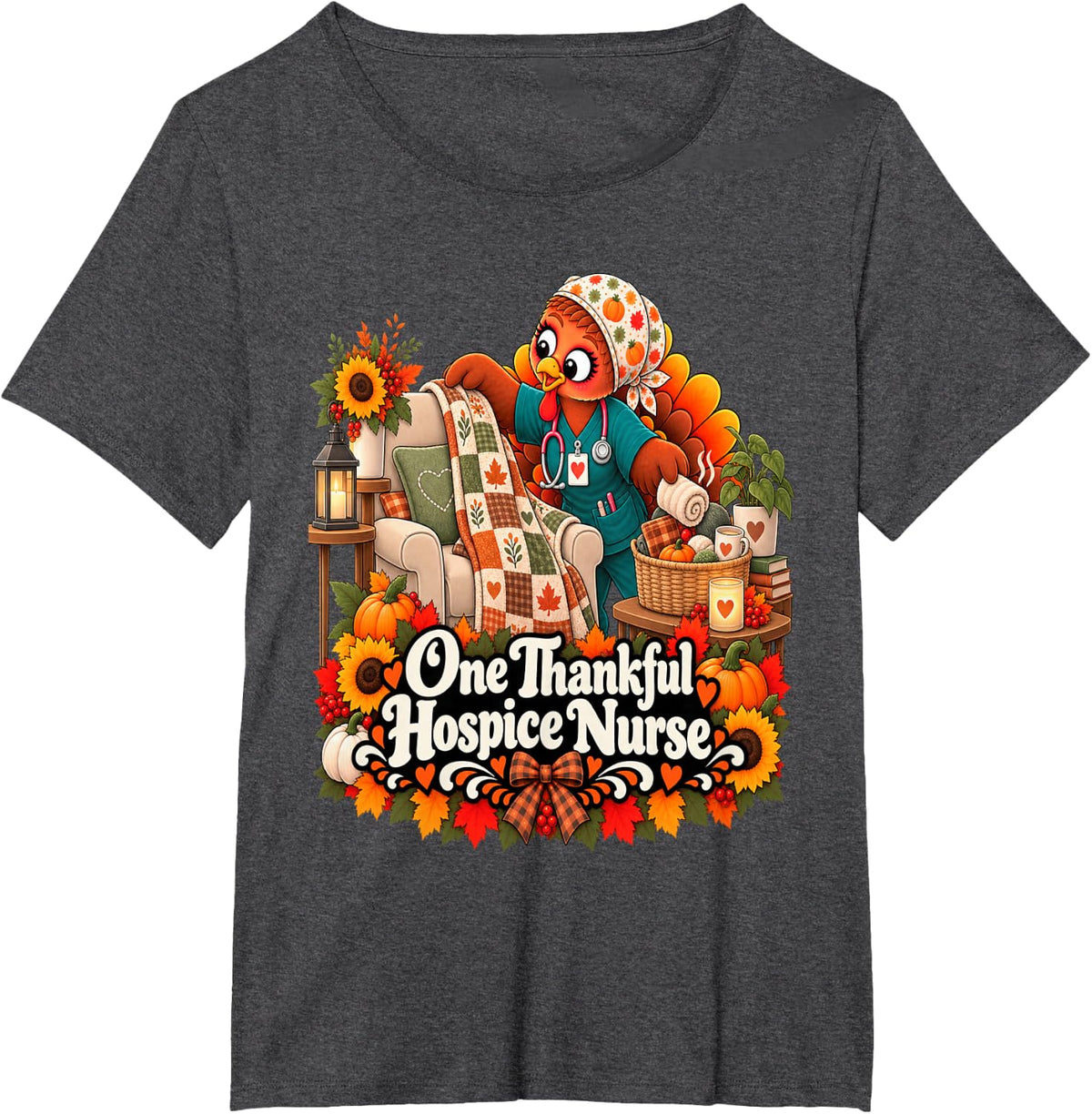One Thankful Hospice Nurse Turkey Thanksgiving T-Shirt - Dark Heather Grey