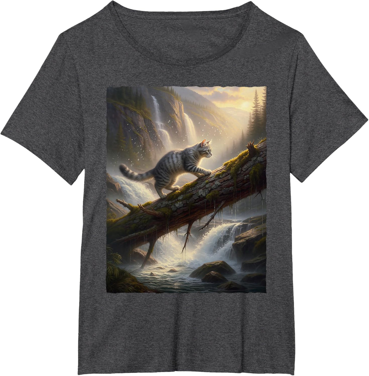 Tabby Cat Forest Waterfall Mountain Outdoor Nature Adventure T-Shirt - Dark Heather Grey