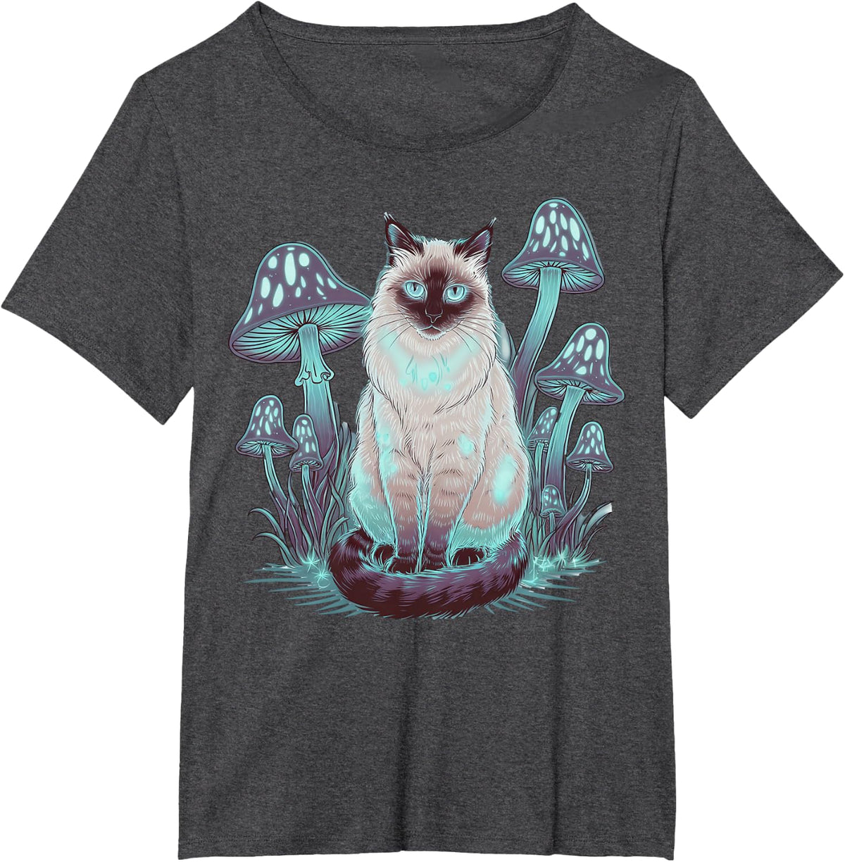 Whimsical Siamese Cat Surrounded by Fungi T-Shirt - Dark Heather Grey