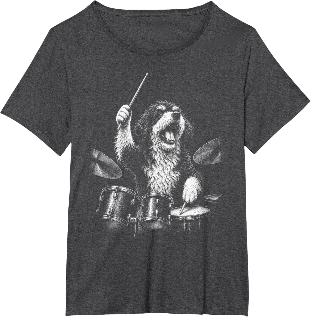 Bernedoodle Playing Drums Funny Drummer Doodle Dog T-Shirt - Dark Heather Grey