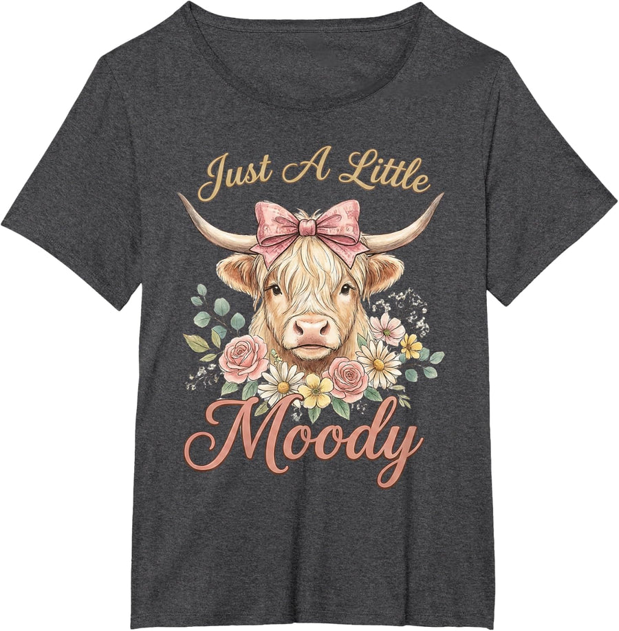 Highland Cow Just A Little Moody Flower Funny Farm T-Shirt - Dark Heather Grey