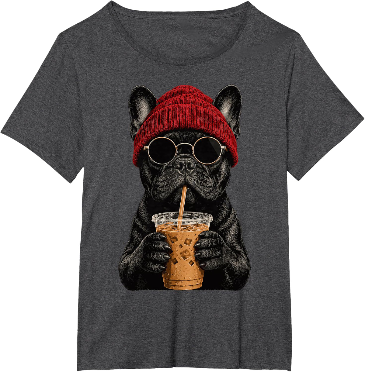 French Bulldog Dog Hipster Iced Coffee Funny Frenchie T-Shirt - Dark Heather Grey