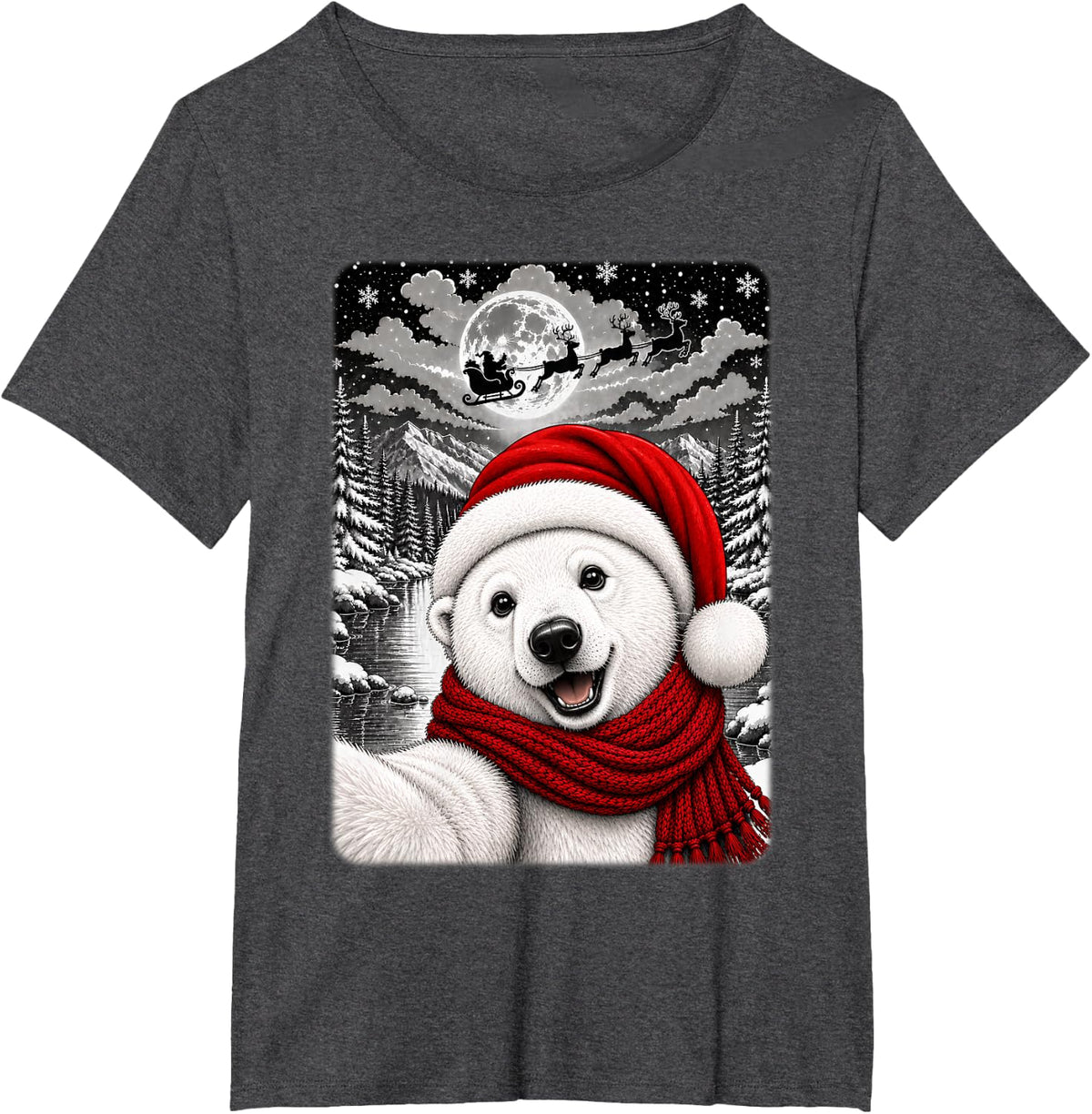 Polar Bear Christmas Selfie Full Moon Night Starry Sky Xmas T-Shirt - Dark Heather Grey