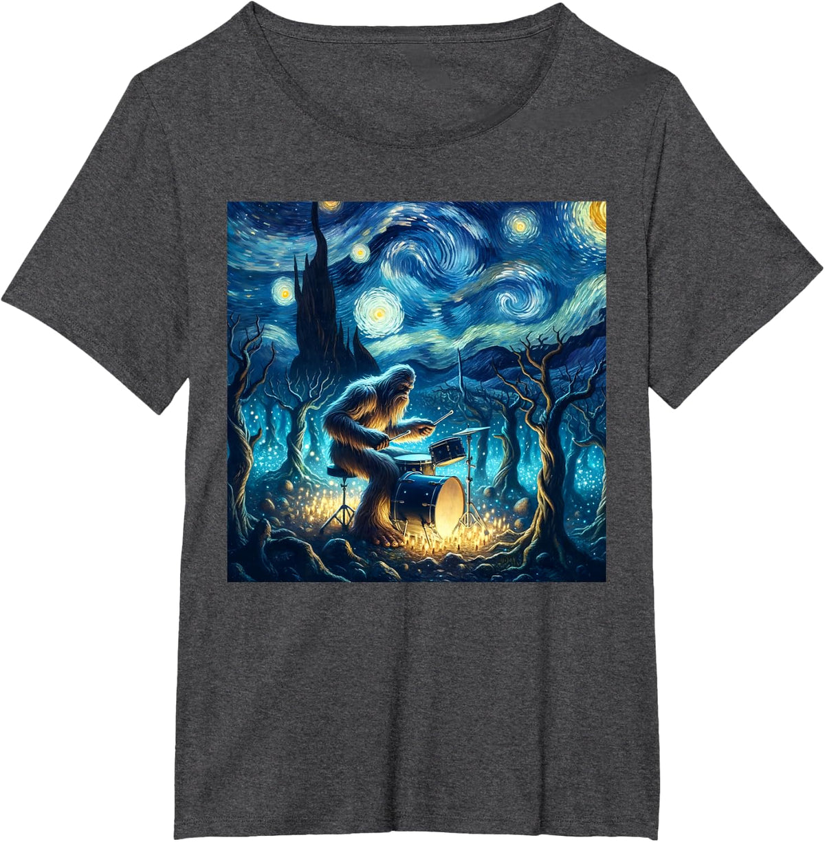 Bigfoot Playing Drums Starry Night Van Gogh Drummer Boys Men T-Shirt - Dark Heather Grey