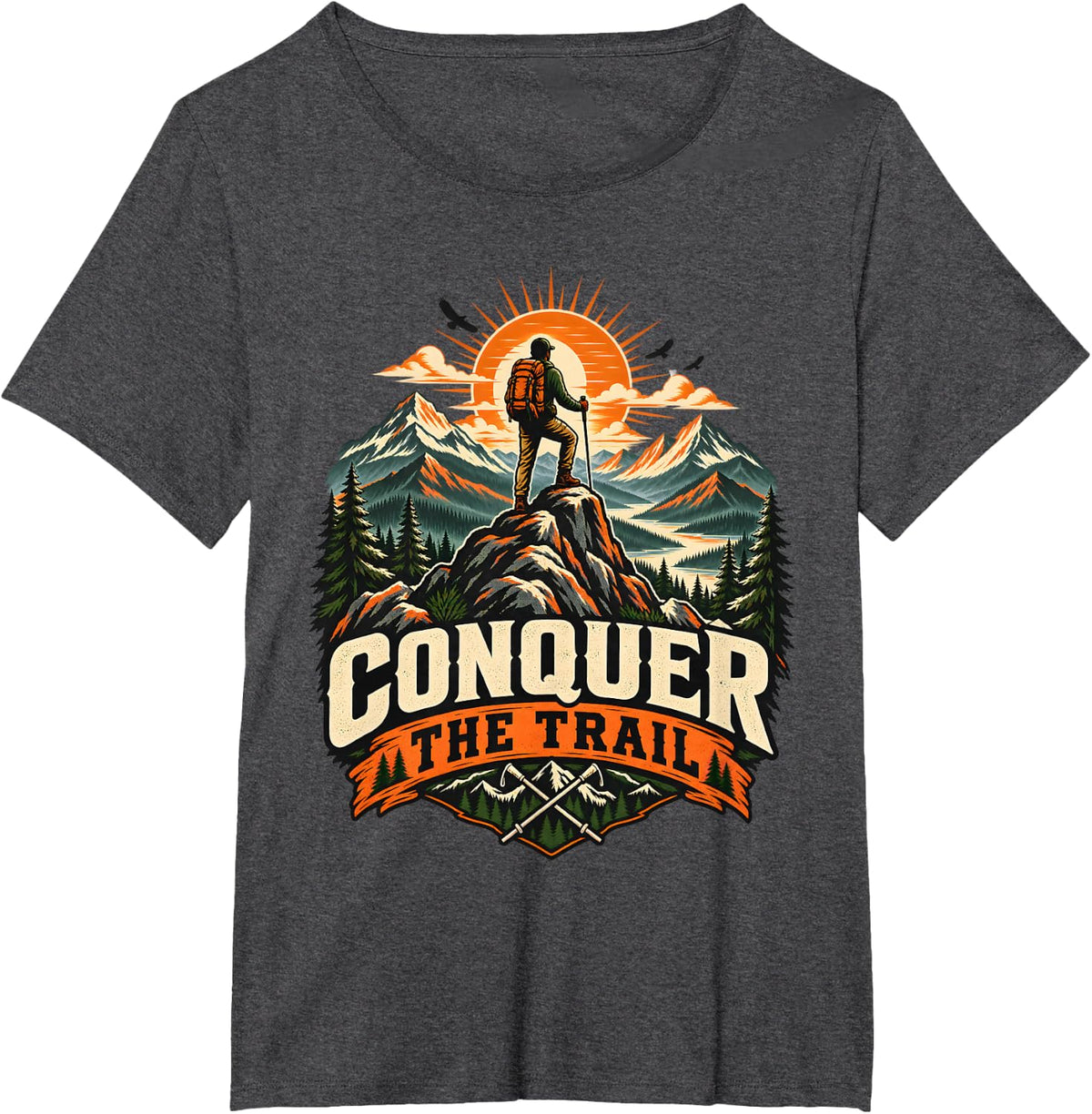 Conquer THE Trail Hiking Backpacker Mountain Graphic Art T-Shirt - Dark Heather Grey