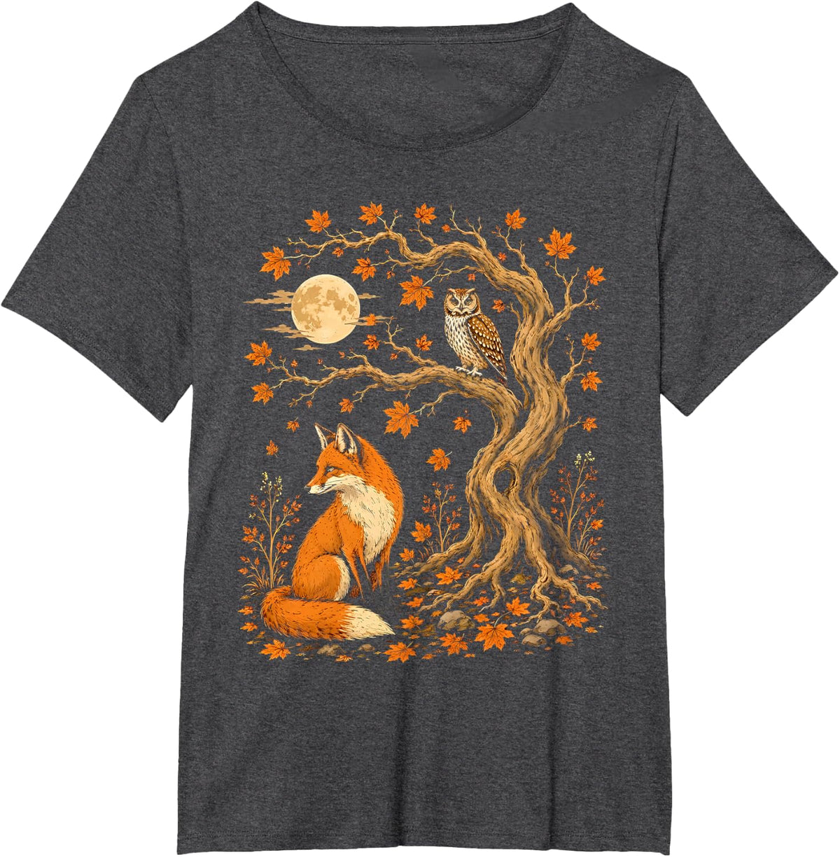 Autumn Fox and Owl Forest Nature Woodland Animal Fall Season T-Shirt - Dark Heather Grey