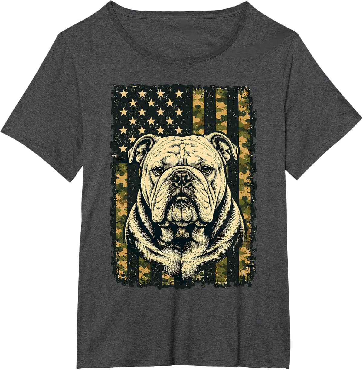 Bulldog American Camo Flag Patriotic Dog Lover USA English T-Shirt - Dark Heather Grey
