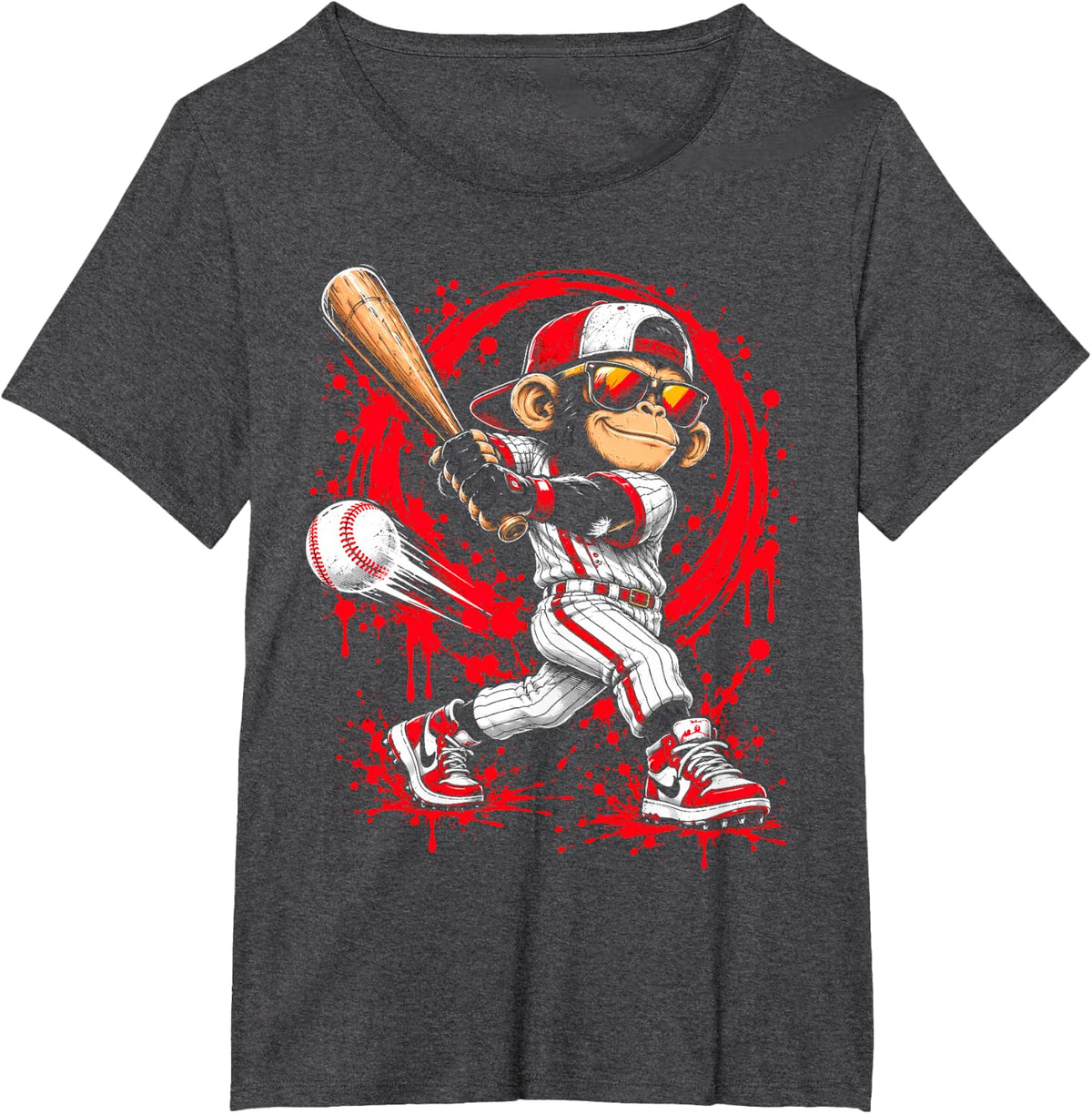 Funny Baseball Monkey Cool Baseball Drip Kids Boys Girls T-Shirt - Dark Heather Grey