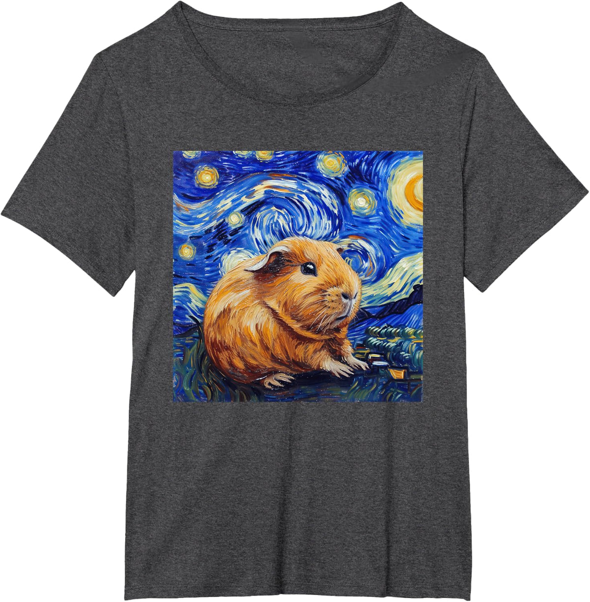 Guinea Pig Van Gogh Style Starry Night Graphic Tee T-Shirt for Animal Lovers - Dark Heather Grey