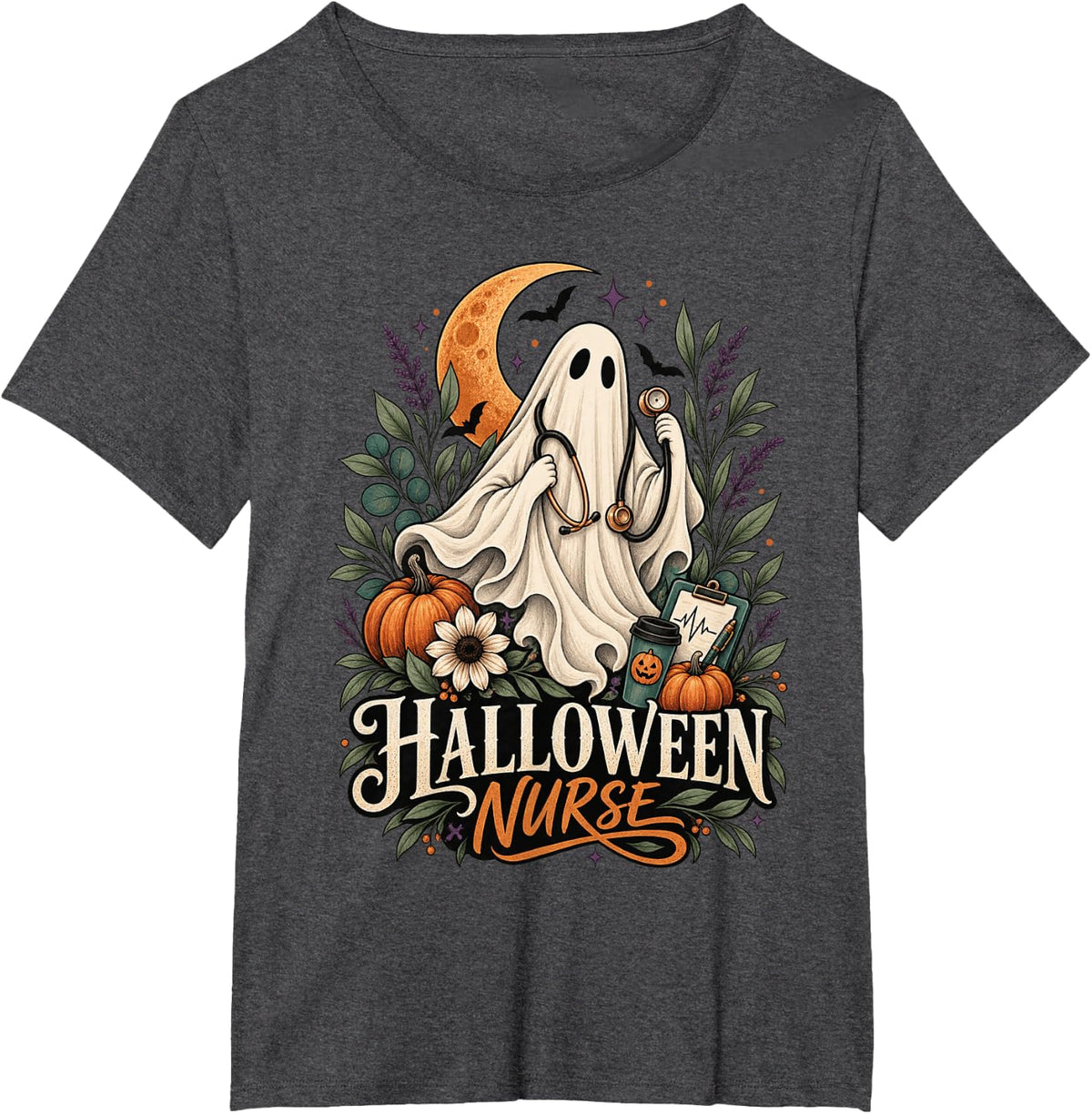Halloween Ghost Nurse Boho Womens T-Shirt - Dark Heather Grey