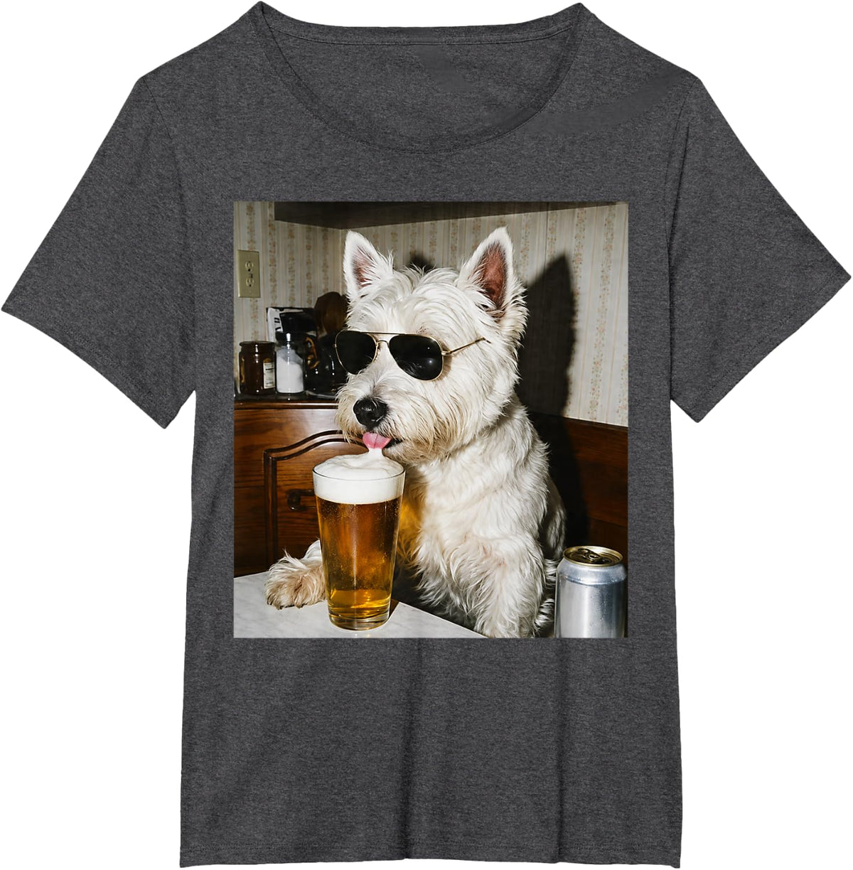 Westie Drinking Beer Funny Cool Dog with Sunglasses Graphic T-Shirt - Dark Heather Grey