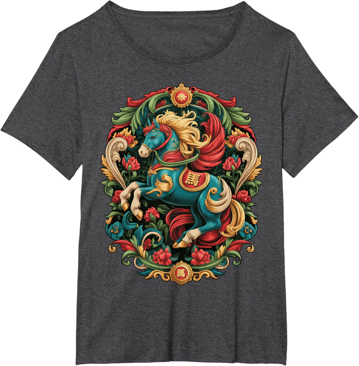Chinese New Year Zodiac Horse Art Floral Graphic Lunar T-Shirt - Dark Heather Grey