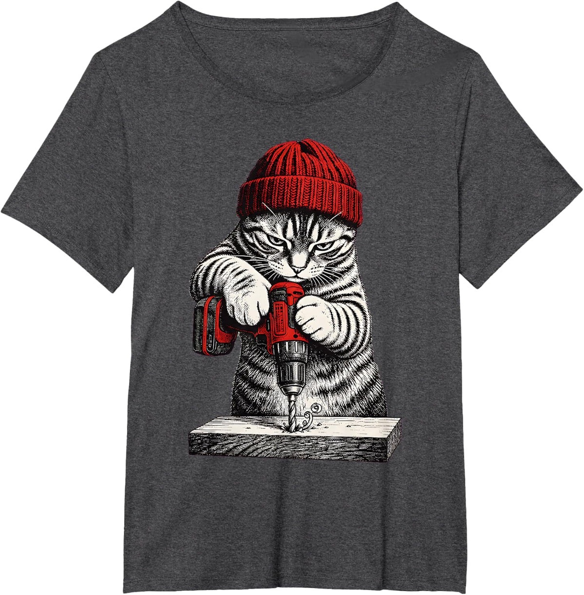 Funny Cat Using Power Drill Woodworking Carpenter DIY Humor T-Shirt - Dark Heather Grey