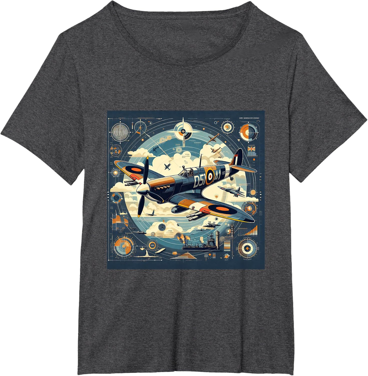 Spitfire RAF Supermarine WW2 Fighter Plane Infographics T-Shirt - Dark Heather Grey