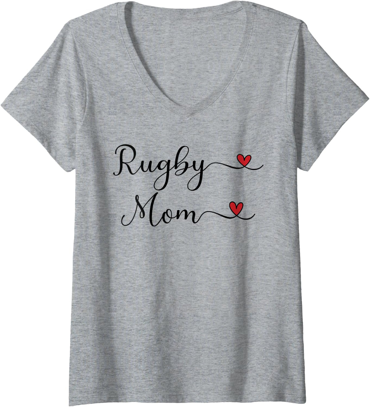 Women's Rugby Mom Heart Cute Handwritten Typography Gift V-Neck T-Shirt - Heather Grey