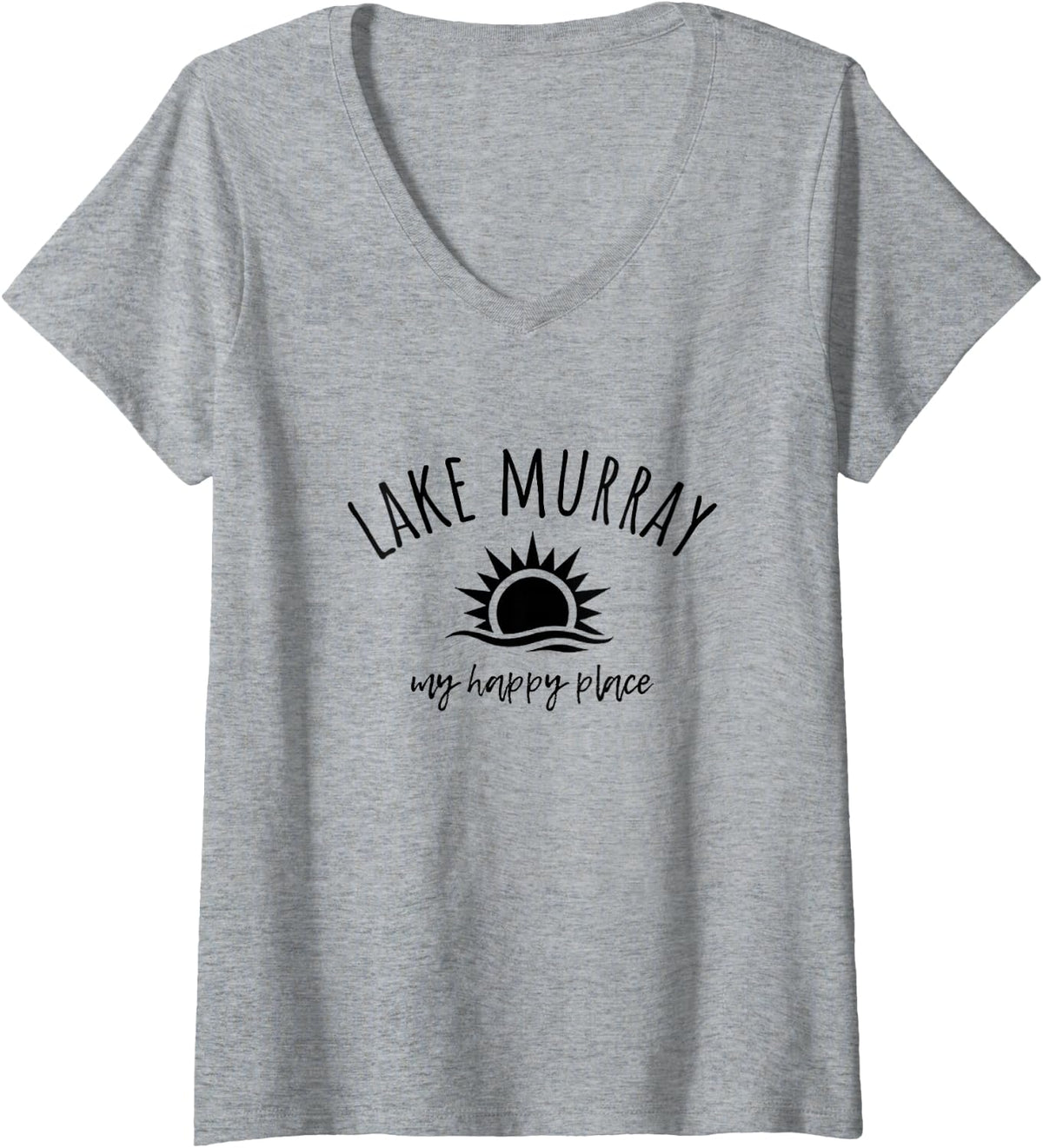 Womens Lake Murray My Happy Place SC OK Boating Fishing Camping V-Neck T-Shirt - Heather Grey