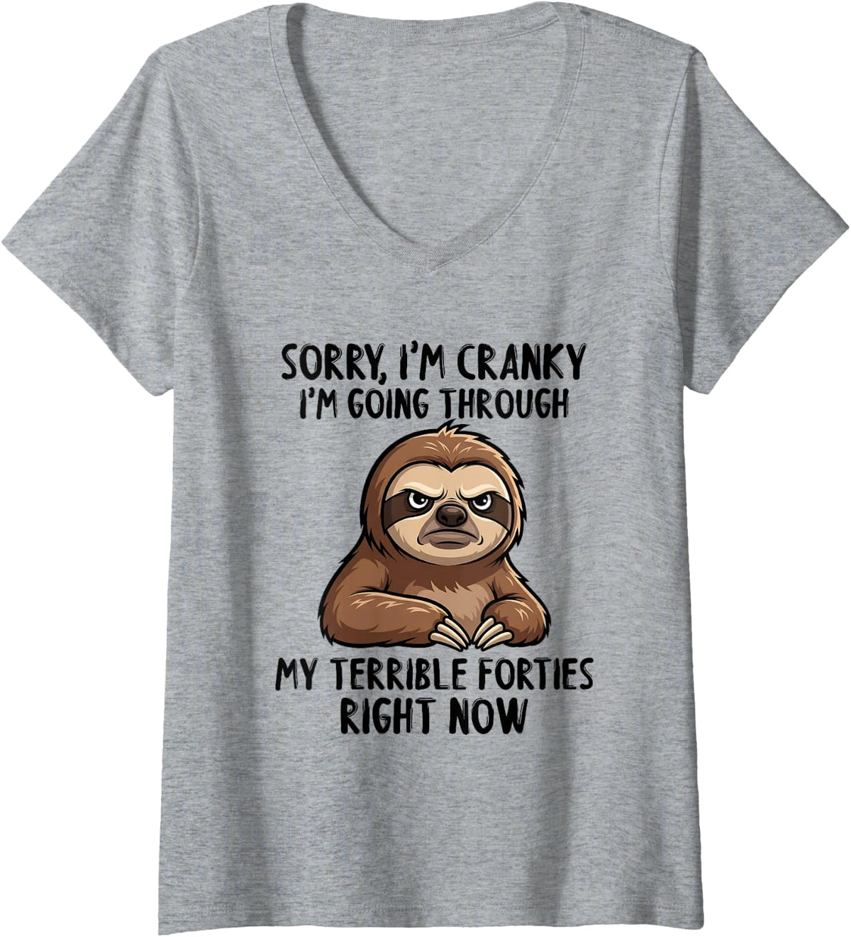 Womens Sorry I'm Cranky I'm Going Through My Terrible Forties Sloth V-Neck T-Shirt - Heather Grey