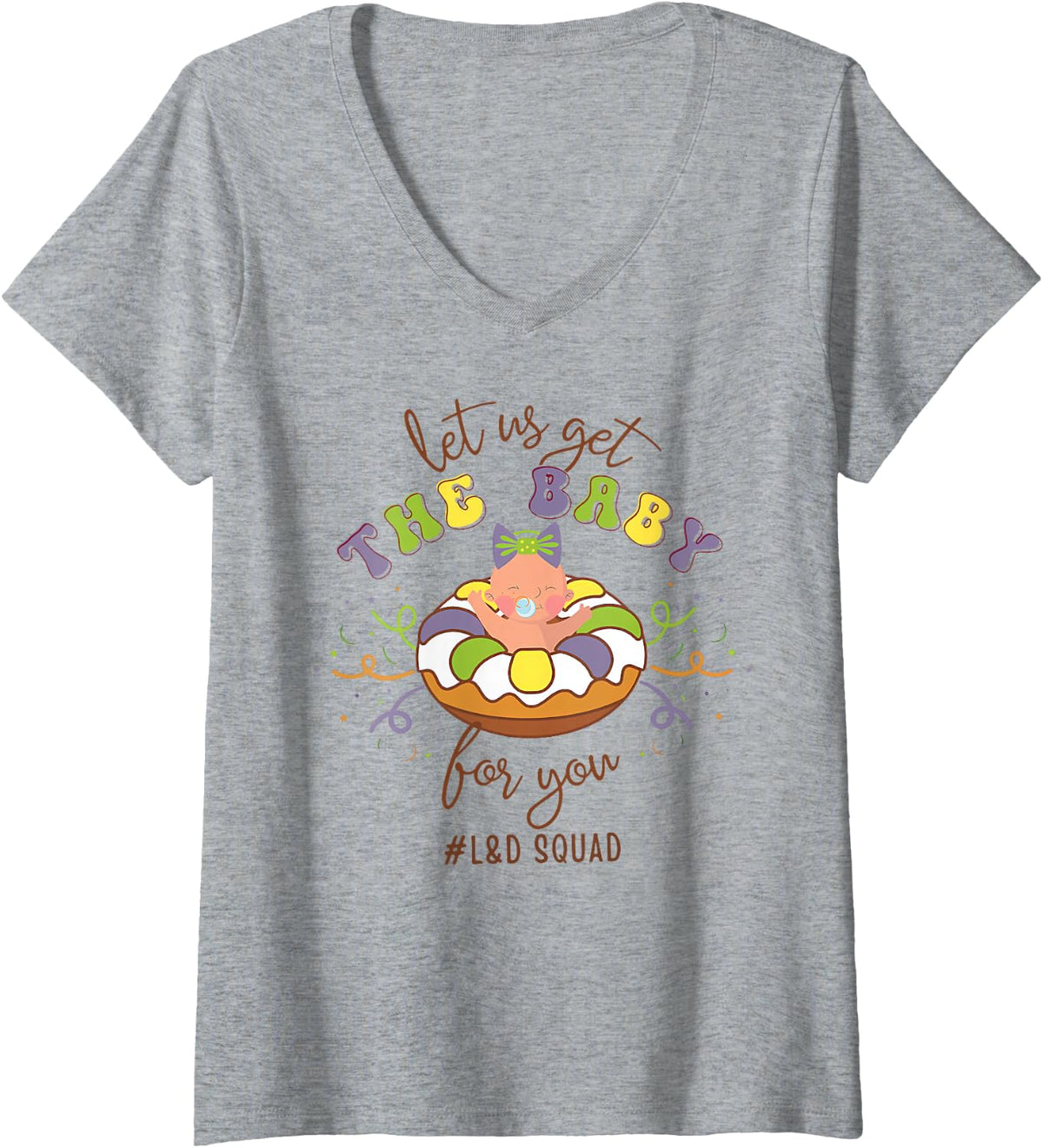 Women's Mardi Gras L&D Nurse Carnival Labor & Delivery Mother Baby V-Neck T-Shirt - Heather Grey