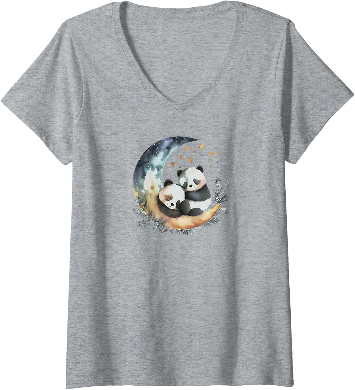 Women's Panda Bear Mom Baby Panda Giant Moon V-Neck T-Shirt - Heather Grey