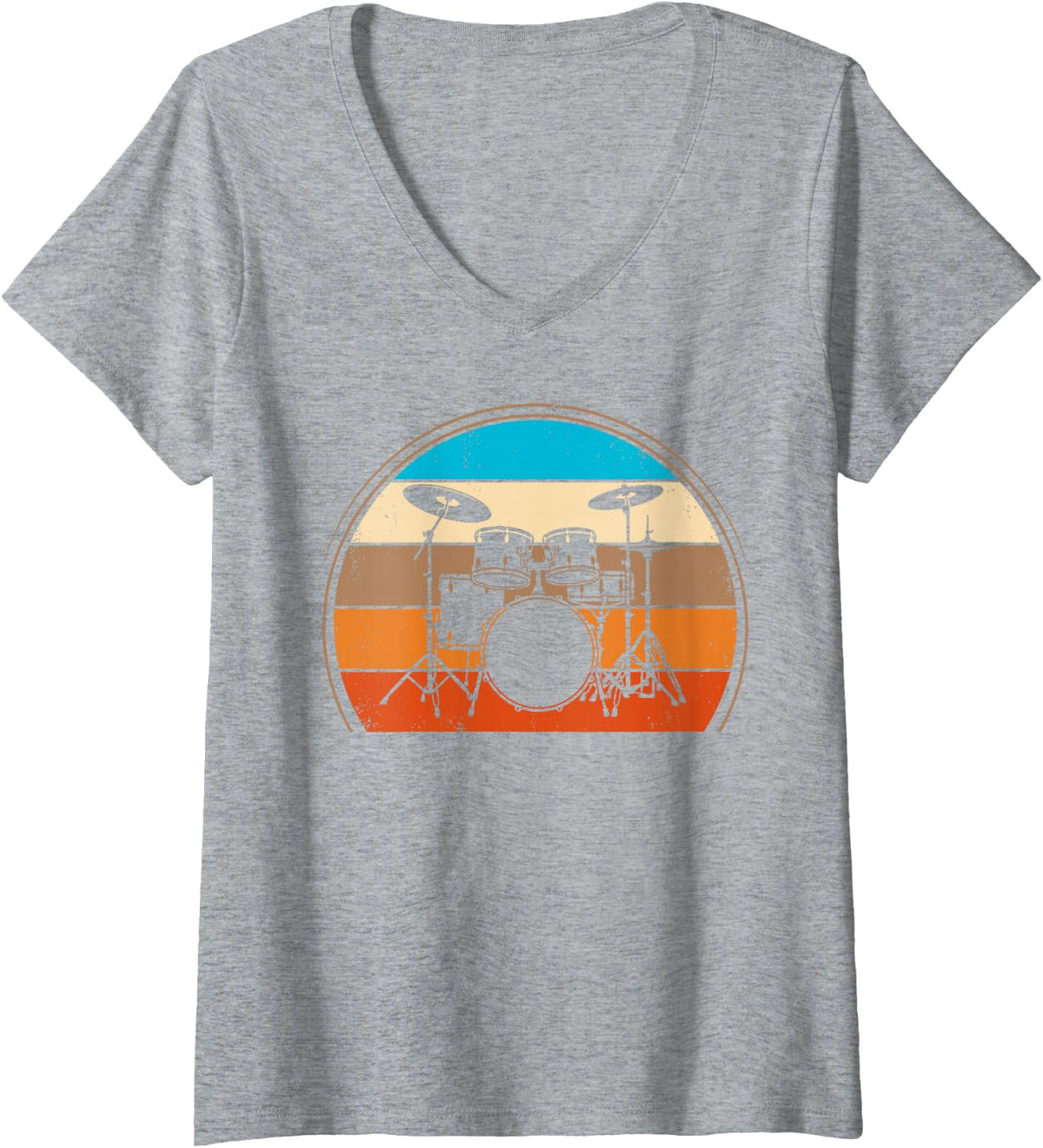 Women's Retro Drummer Drum Set Drums Percussion Musician Music Band V-Neck T-Shirt - Heather Grey
