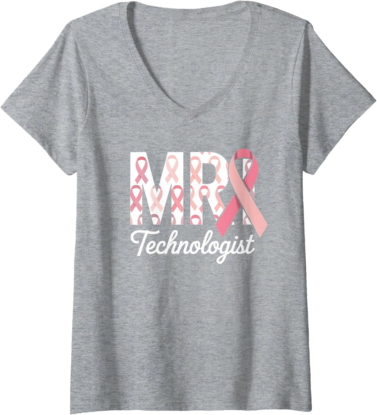 Women's MRI Technologist Pink Ribbon Breast Cancer Awareness Support V-Neck T-Shirt - Heather Grey
