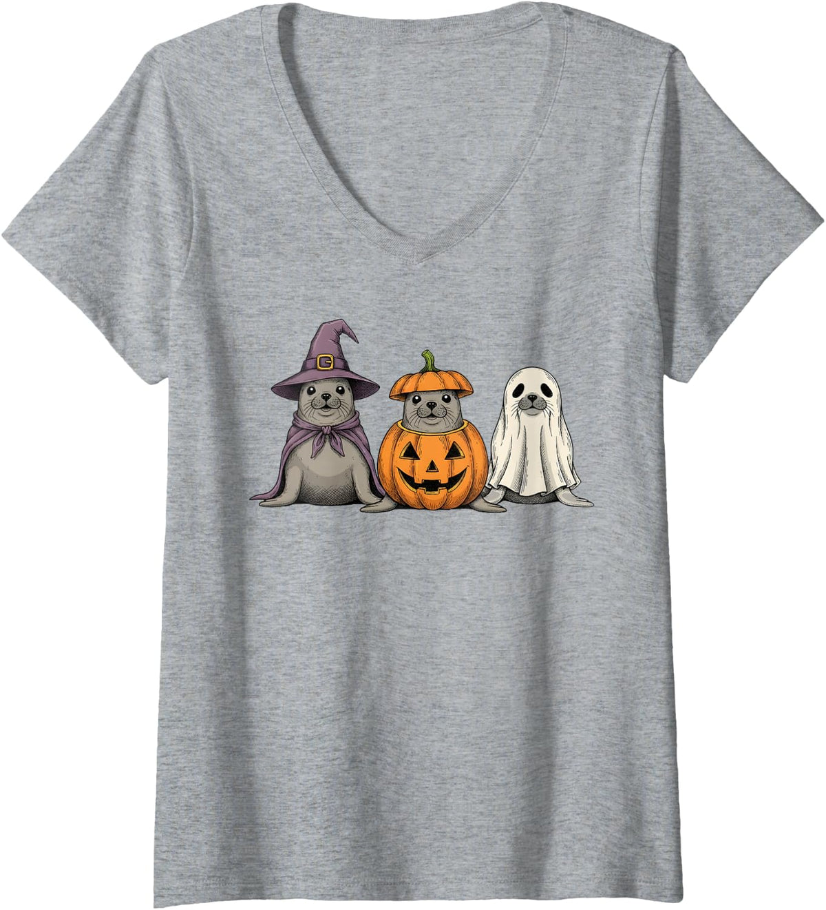 Womens Spooky Ghost Seal Lover Pumpkin Halloween V-Neck T-Shirt - Heather Grey