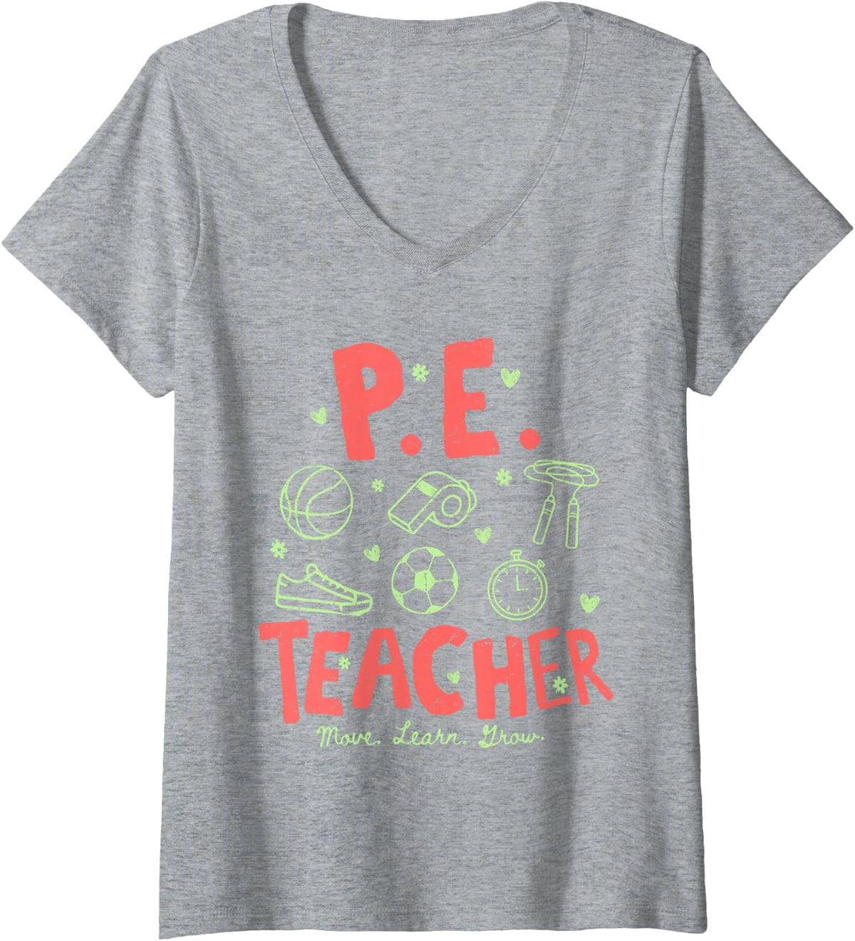 Women's P.E. Teacher Move Learn Grow Distressed Sports V-Neck T-Shirt - Heather Grey