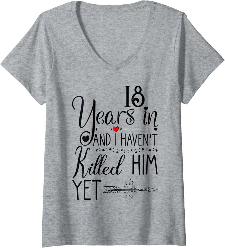 Womens 18th Wedding Anniversary for Wife - Her 18 Years of Marriage V-Neck T-Shirt - Heather Grey