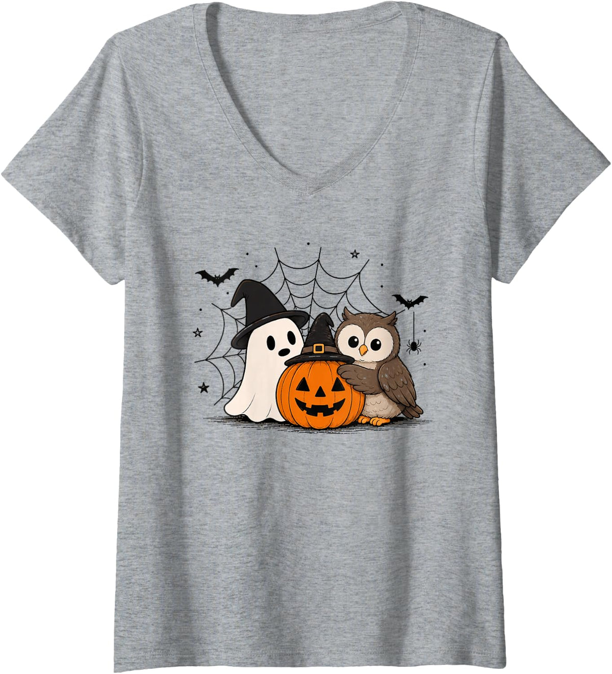 Women's Owl Halloween Ghost Pumpkin Cute Spooky Costume V-Neck T-Shirt - Heather Grey
