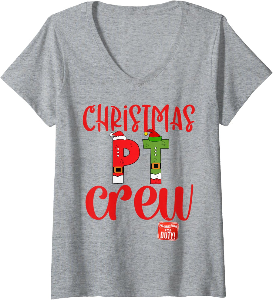 Women's Christmas Physical Therapist PT Crew Tech & Aide Assistant V-Neck T-Shirt - Heather Grey