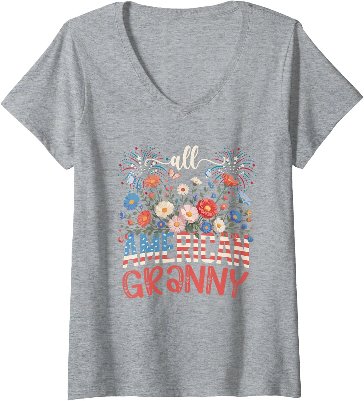 Women's Granny Proud 4th of July American US Flag Women Flowers V-Neck T-Shirt - Heather Grey