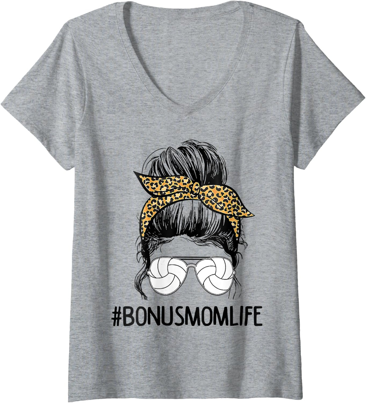 Womens Volleyball Bonus Mom Life Messy Bun Leopard Mother’s Day V-Neck T-Shirt - Heather Grey